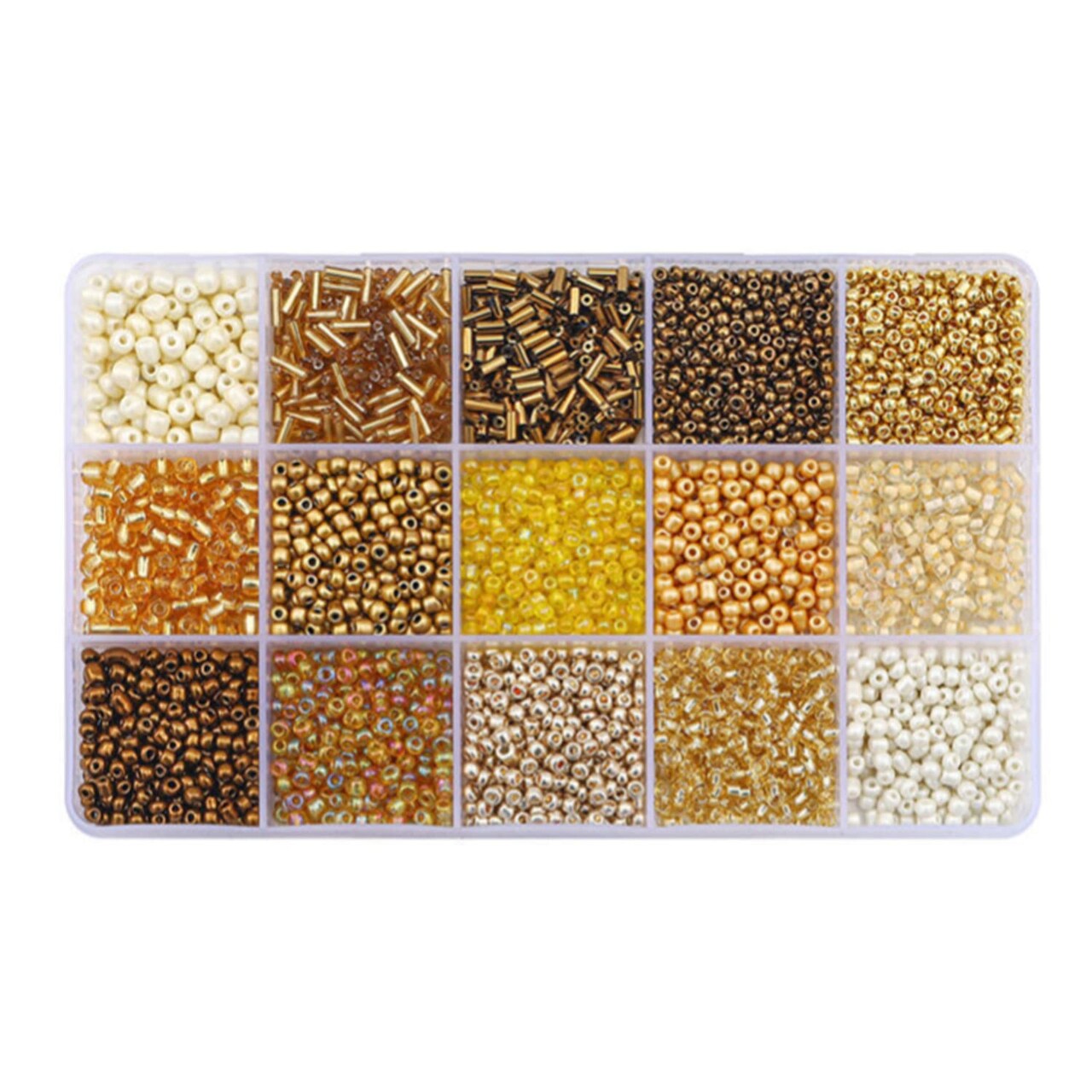 Mix 15 Color Glass Seed Tube Beads Glass Bugle Beads Loose Kit for Jewelry Making DIY Craft Beading (Mix 15 Color, Gold)